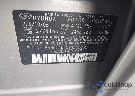 2009 Hyundai Azera Limited z USA, uszkodzony, nr VIN KMHFC46F09A372008